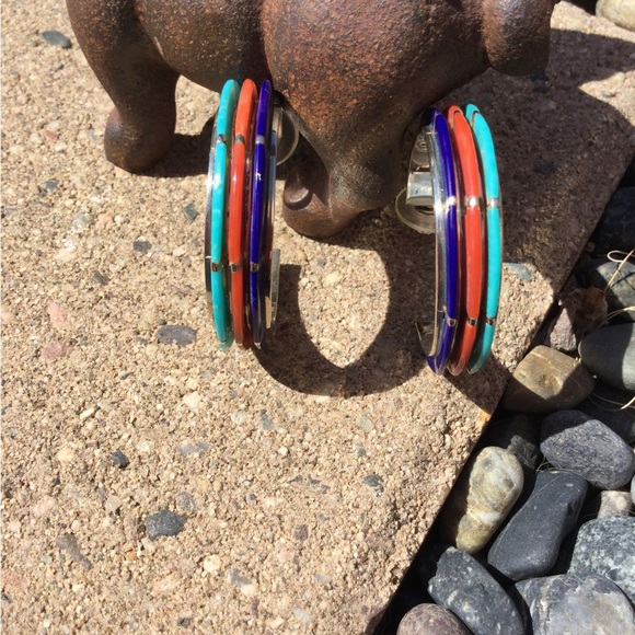 Vintage Native American - Turquoise, Coral & Lapis - Hoop Earrings - Picture 6 of 16